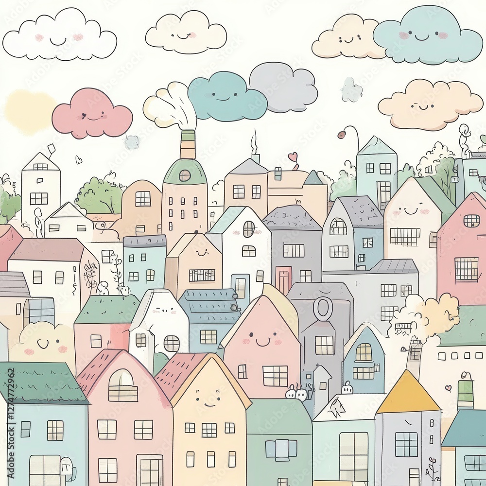 Cute colorful cartoon cityscape with smiling houses and clouds