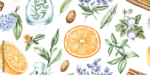 Citrus fruits seamless vector pattern with spices and herbs on white background, floral background in vintage style. Spring season decoration texture, drawing print