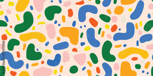 Fun colorful seamless vector pattern. Creative abstract geometric shape background for children, trendy design with collage shapes. Simple and playful doodle wallpaper print