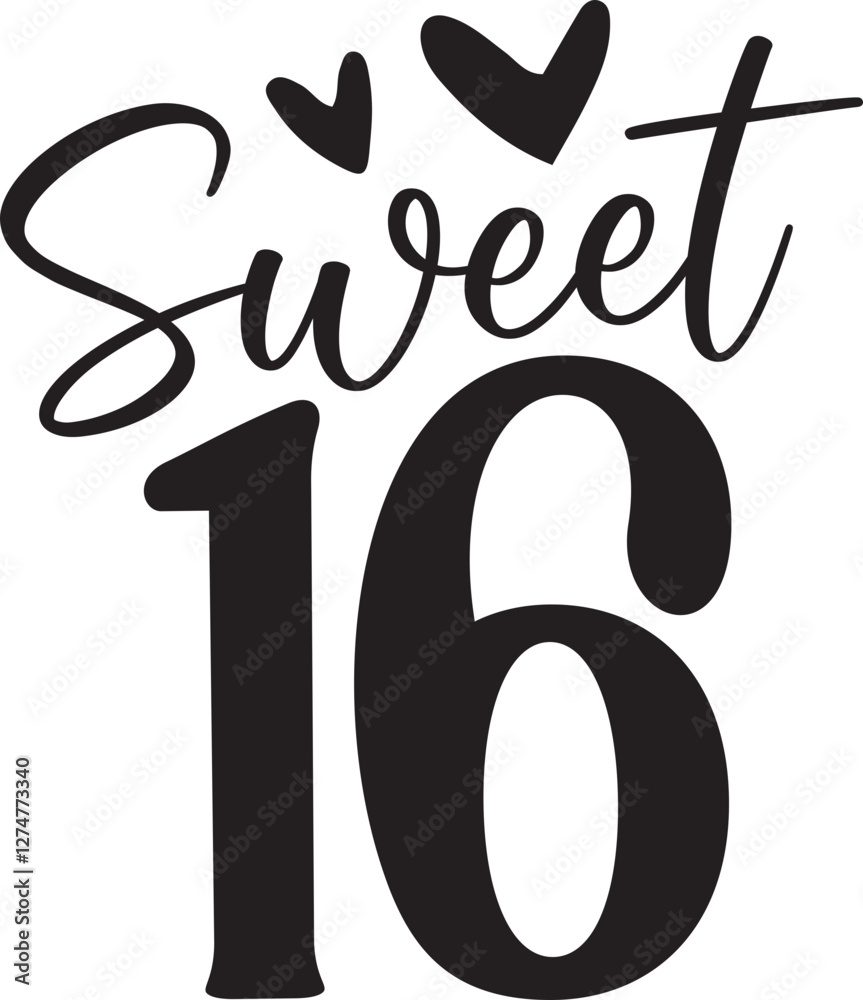 Sweet Sixteen Birthday Vector SVG Design with Hearts
