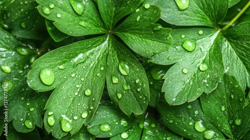 Fresh Green Leaves with Water Drops for Nature and Eco Themes