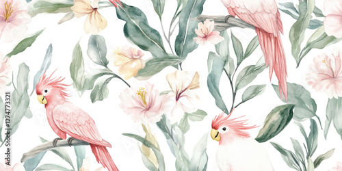 Vector seamless pattern with parrots and tropical leaves. Modern exotic pastel design for paper, cover, fabric, interior decor and other