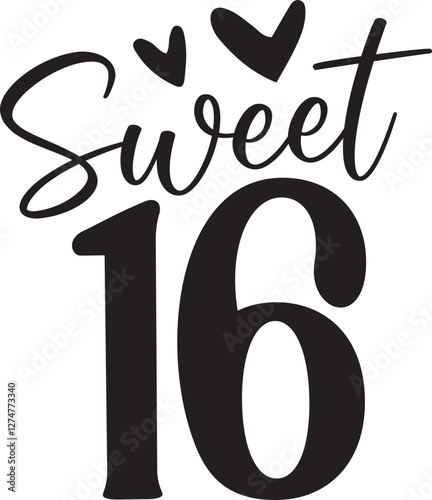 Sweet Sixteen Birthday Vector SVG Design with Hearts