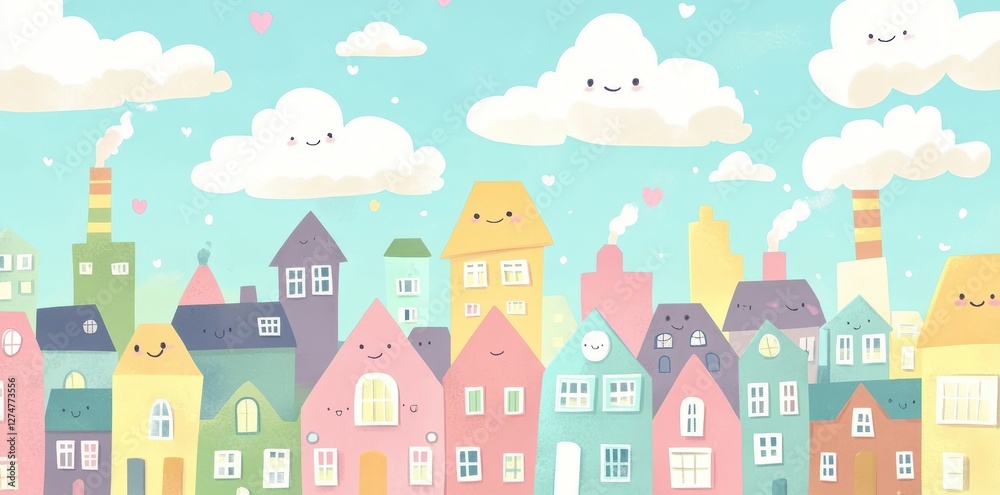 Colorful cartoon townscape with smiling buildings and fluffy clouds Colorful cartoon townscape with smiling buildings and fluffy clouds