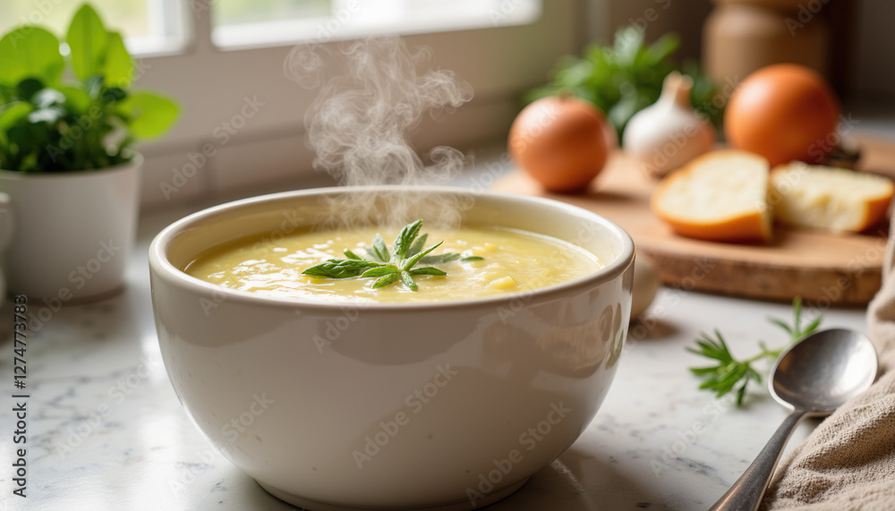Steaming bowl of Asparagus soup with herbs on kitchen countertop Steaming bowl of Asparagus soup with herbs on kitchen countertop