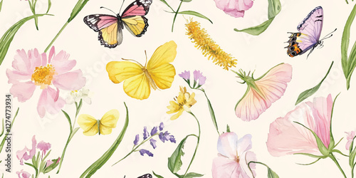 Watercolor floral vector seamless pattern. Cute botanical print, blooming summer meadow illustration with butterflies on white background. Pastel color palette for nursery design, textile