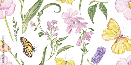 Watercolor floral vector seamless pattern. Cute botanical print, blooming summer meadow illustration with butterflies on white background. Pastel color palette for nursery design, textile