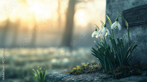 Snowdrops in a churchyard during early spring
