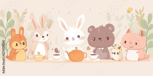 Cute woodland animals enjoy a tea party together in harmony