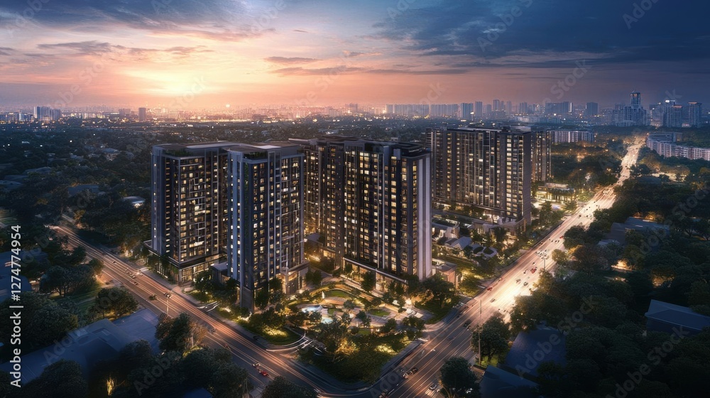 Obraz premium Modern Apartment Complex Illuminates City Skyline at Dusk, Urban Living Concept.