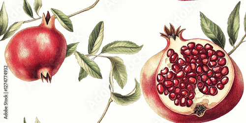 Pomegranate fruit on a branch with leaves and flowers seamless vector pattern illustration on soft pastel background, template for design of textiles paper clothing case phone cover