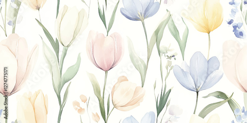 Pastel watercolor tulips combined with beige blue yellow flowers in a seamless pattern ideal for textile designs and home decor