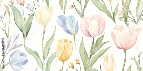 Pastel watercolor tulips combined with beige blue yellow flowers in a seamless pattern ideal for textile designs and home decor