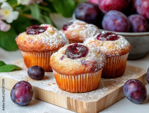 Wallpaper Mural Freshly Baked Muffins with Plums and Powdered Sugar Topping Torontodigital.ca