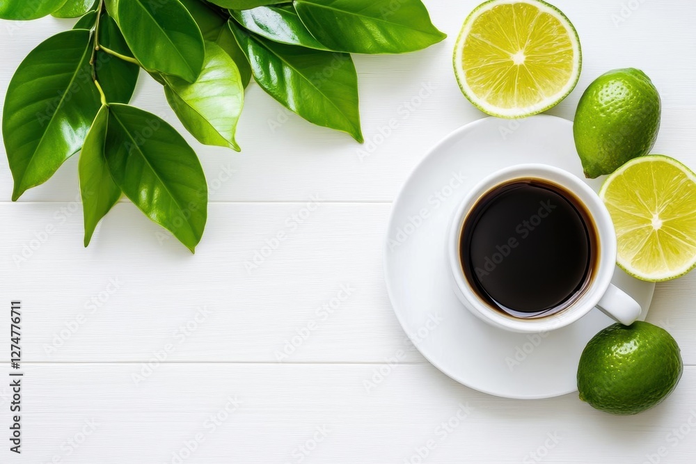 Coffee cup sits on white table with fresh limes and green leaves. Morning beverage, citrus fruit, and vibrant foliage create a refreshing scene. Coffee cup sits on white table with fresh limes and green leaves. Morning beverage, citrus fruit, and vibrant foliage create a refreshing scene.