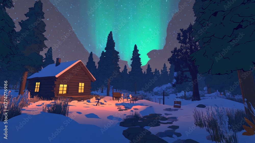 Fototapeta premium Snowy cabin, aurora, winter forest, night