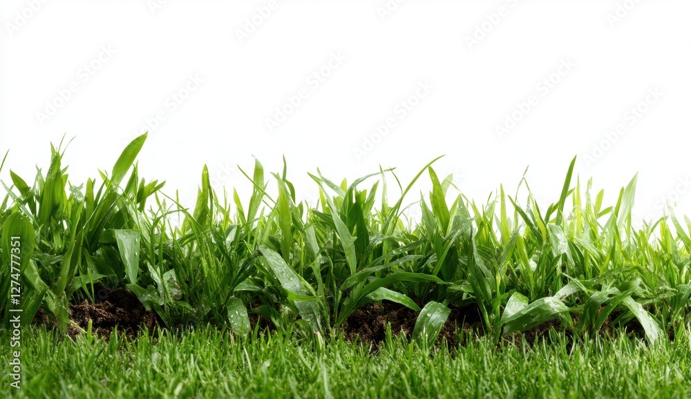 Fototapeta premium Fresh Green Grass with Dew Drops on a Bright White Background