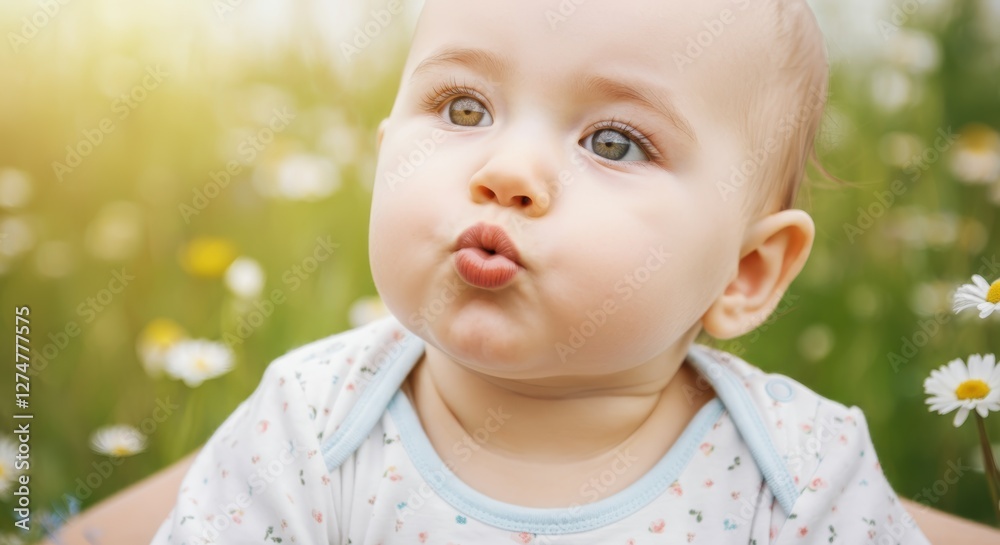 Adorable caucasian baby in floral onesie amidst spring blossoms outdoors Adorable caucasian baby in floral onesie amidst spring blossoms outdoors