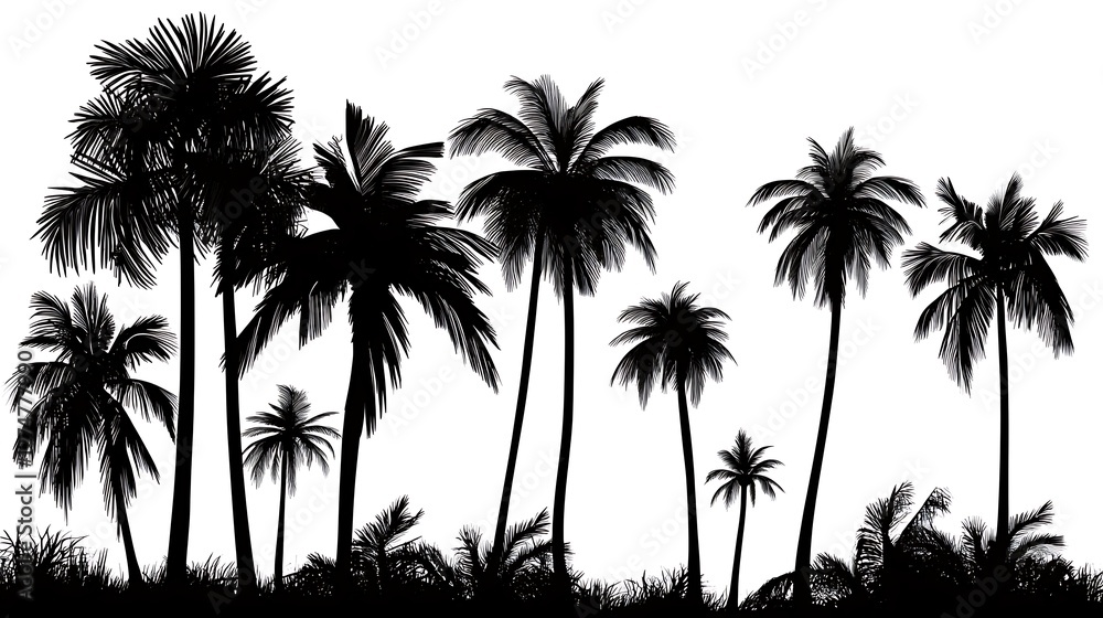 Silhouette of Palm Trees on White Background