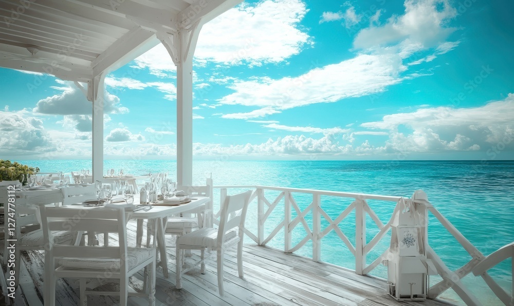 Fototapeta premium Scenic oceanfront dining area with white wooden furniture, soft breeze creating ripples on the turquoise wate