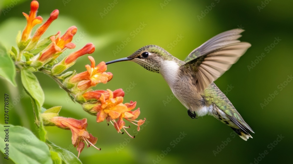 Naklejka premium Hummingbird feeding on flower in garden