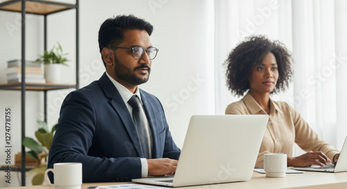 Two people in business attire are sitting at a desk with laptops and cups