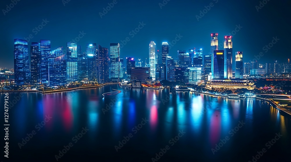 Fototapeta premium Night Lights of Marina Bay, Singapore: A Dazzling Cityscape