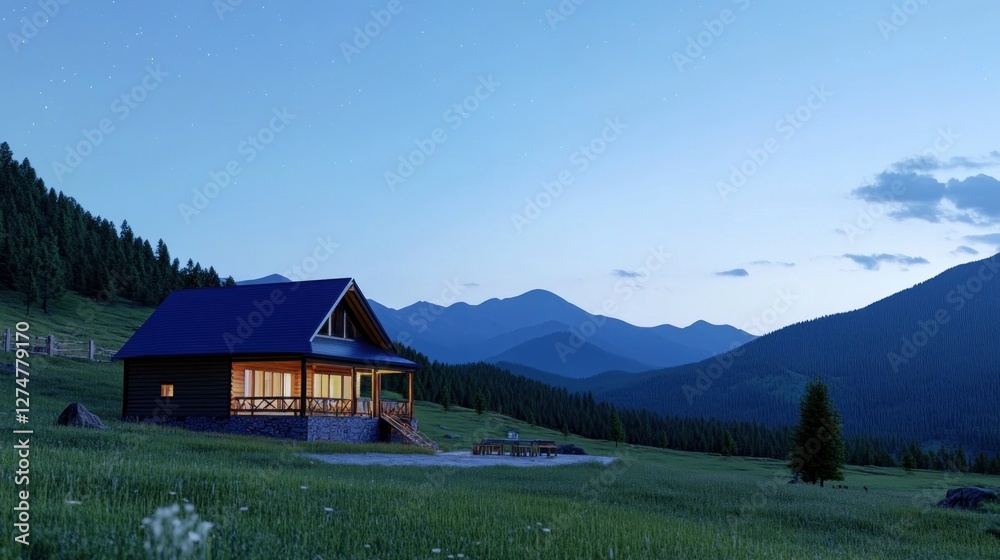 Fototapeta premium A wooden mountain cabin shines warmly against a dark sky filled with stars, surrounded by peaceful nature at night