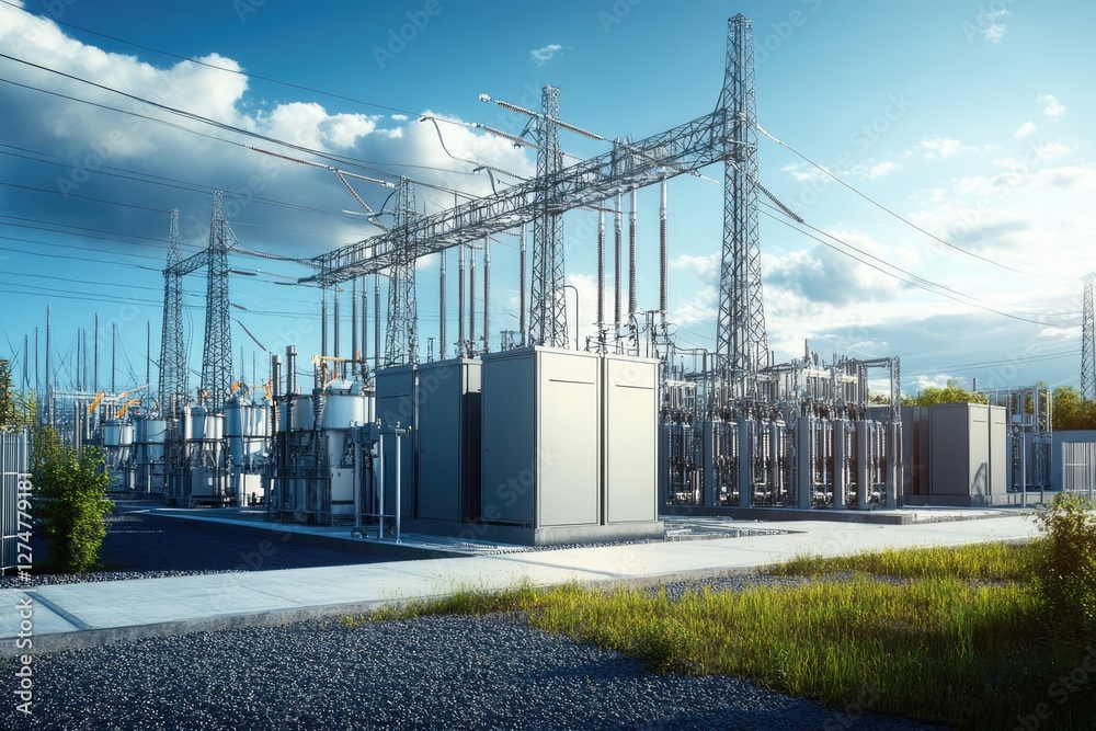Obraz premium Power Grid's Vista: A sprawling power grid, a vital artery of our modern world, stands under a dramatic sky, humming with the silent energy that fuels our lives. 