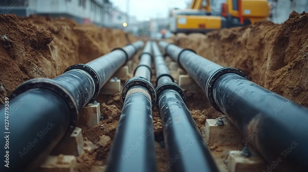 Modern sleek water supply and sewerage system construction. Underground pipelines encased in concrete for wastewater disposal. Infrastructure project showcasing cleanliness and efficiency Modern sleek water supply and sewerage system construction. Underground pipelines encased in concrete for wastewater disposal. Infrastructure project showcasing cleanliness and efficiency