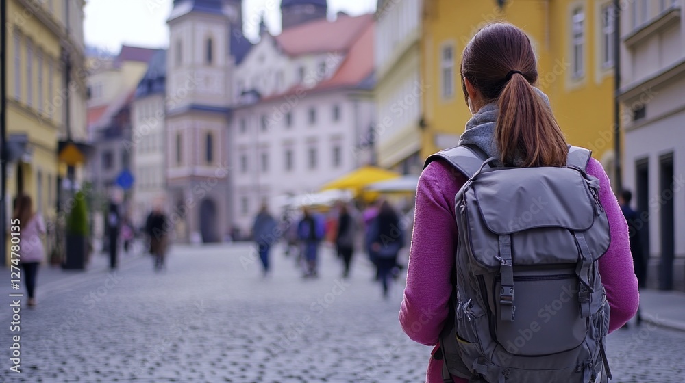 Fototapeta premium A young woman with a backpack admires the historic architecture of a European street while enjoying the soft morning light