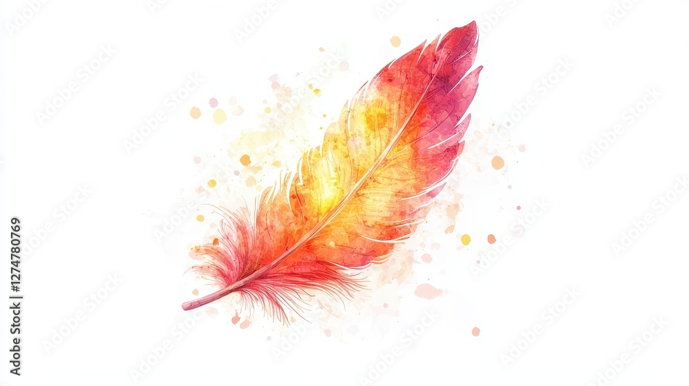 Watercolor rendering of a vibrant feather on white background Watercolor rendering of a vibrant feather on white background