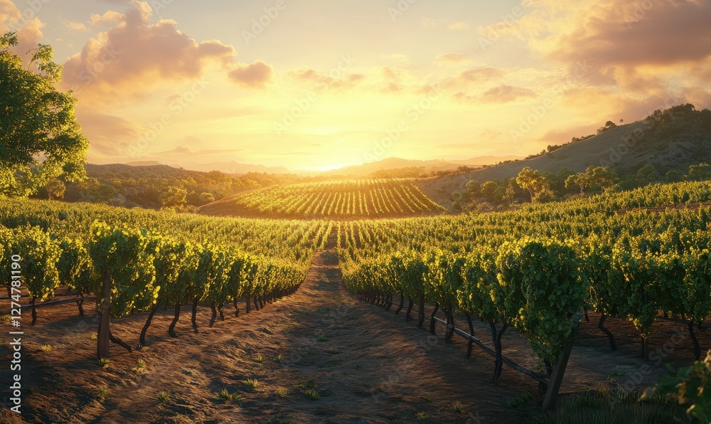 Fototapeta premium Scenic vineyard at sunset with rows of grapevines stretching out to the horizon, golden light casting a soft glow over the lush greener