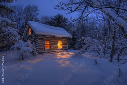 Cozy wooden cabin illuminated at night surrounded by snow-covered trees in a tranquil winter landscape photo