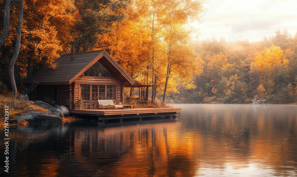 Obraz premium Serene lakeside cabin with a wooden deck, vibrant autumn colors reflecting on the calm water, and soft golden sunlight creating a peaceful retrea