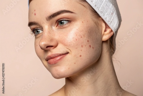 youthful face with acne, facial change treatment of spots and acne skin conditions