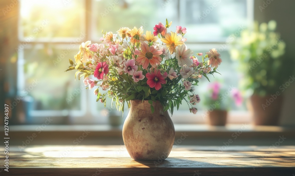 Vibrant bouquet of fresh flowers in a rustic vase, placed on a wooden kitchen counter with soft morning light streaming through the windo Vibrant bouquet of fresh flowers in a rustic vase, placed on a wooden kitchen counter with soft morning light streaming through the windo
