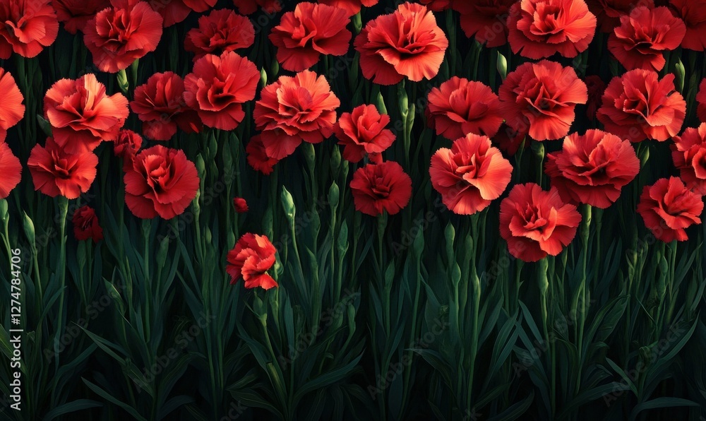 Fototapeta premium Rows of bright red carnations blooming in a lush garden bed, their vivid petals and rich green stems creating a striking floral contrast