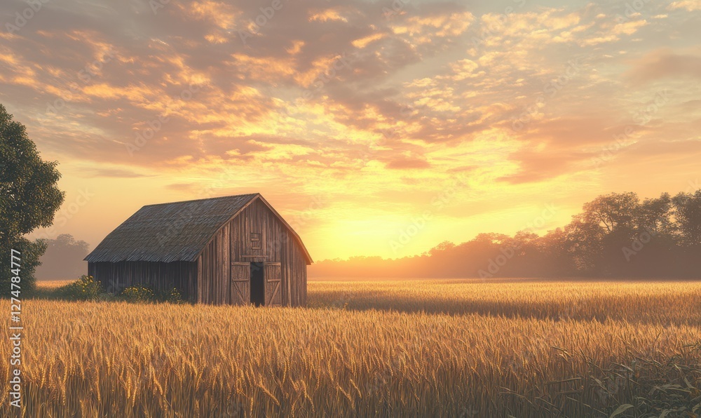Rustic barn surrounded by fields of golden wheat, the sky glowing with a pastel sunrise, evoking rural charm and simplicity Rustic barn surrounded by fields of golden wheat, the sky glowing with a pastel sunrise, evoking rural charm and simplicity