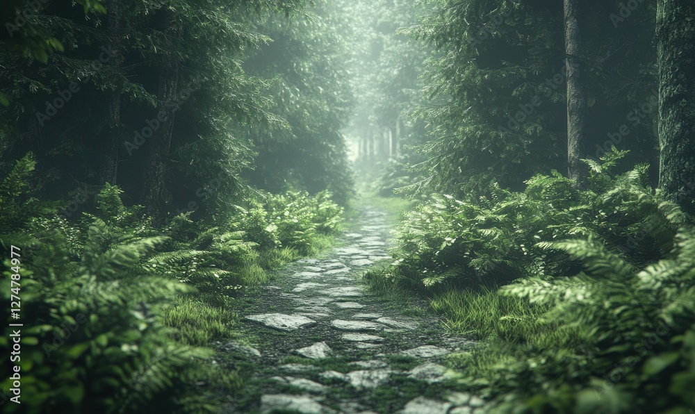 Obraz premium Scenic forest trail leading through dense greenery, soft morning mist adding depth and a mystical vibe to the scen