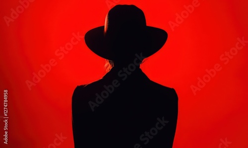 Silhouette of a person wearing a hat standing in front of a glowing red background, mysterious noir-inspired aesthetic, dramatic lighting and shadows