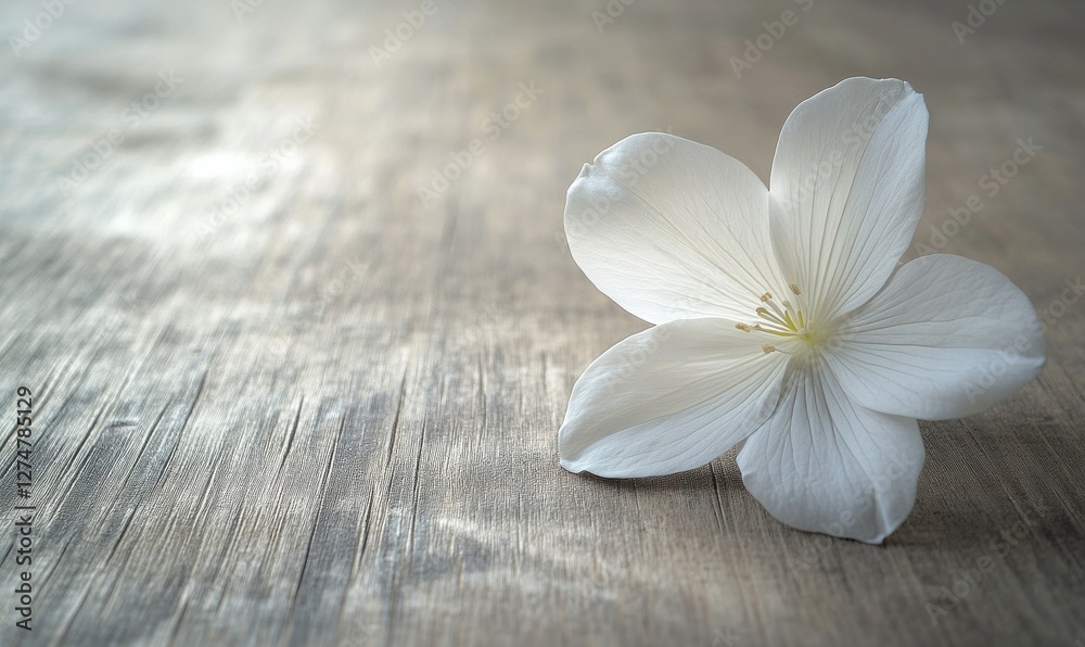 Single white flower resting on a soft wooden surface, clean minimalist style, delicate petal details highlighted by soft light, peaceful and elegant Single white flower resting on a soft wooden surface, clean minimalist style, delicate petal details highlighted by soft light, peaceful and elegant