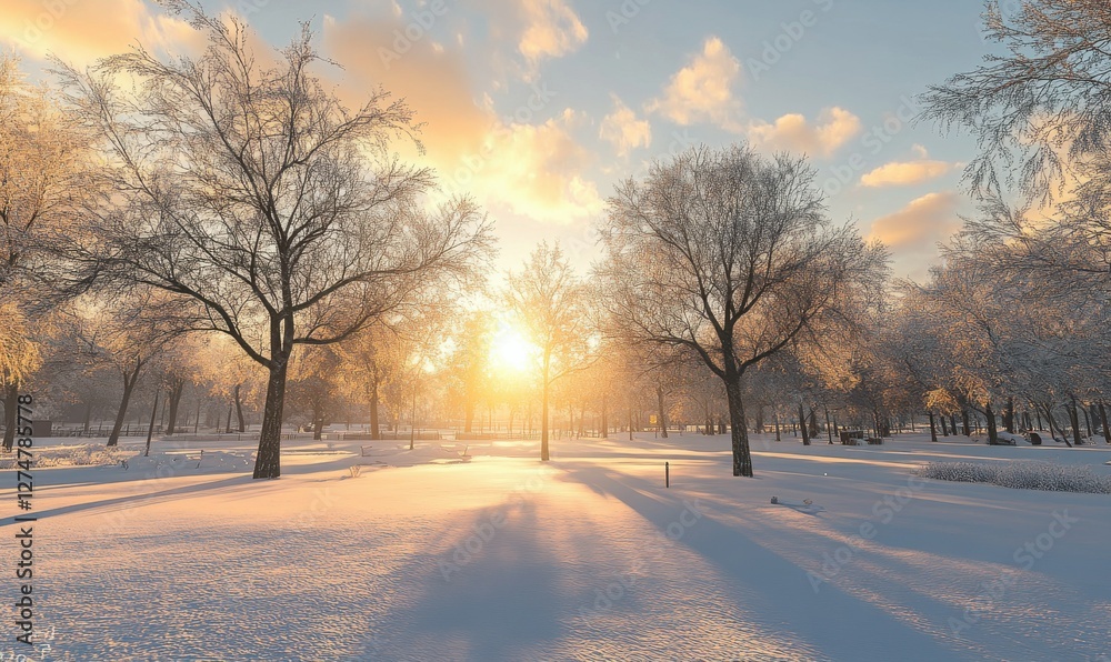 Snow-covered park with soft golden hour light, frost-covered branches creating a winter wonderlan Snow-covered park with soft golden hour light, frost-covered branches creating a winter wonderlan