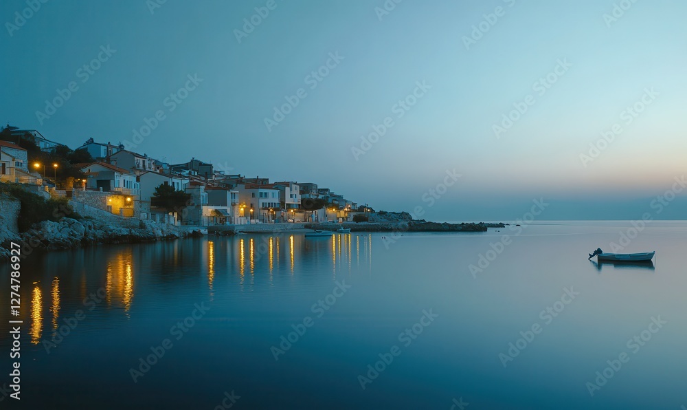 Wide-angle shot of a serene coastal town at dawn, soft light reflecting on calm waters and quaint house Wide-angle shot of a serene coastal town at dawn, soft light reflecting on calm waters and quaint house