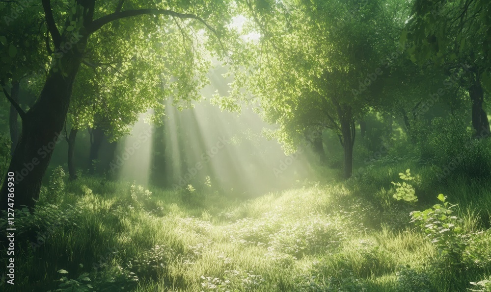 Wide shot of a serene forest with sunlight streaming through the trees, creating a magical natural glow. Wide shot of a serene forest with sunlight streaming through the trees, creating a magical natural glow.