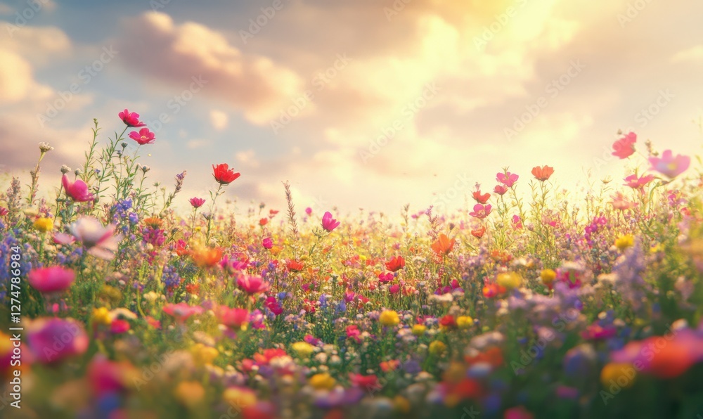 Wildflower meadow under a bright summer sky, colorful blooms in vivid shades swaying gently in the breeze, capturing the joy and beauty of nature's simplicity Wildflower meadow under a bright summer sky, colorful blooms in vivid shades swaying gently in the breeze, capturing the joy and beauty of nature's simplicity