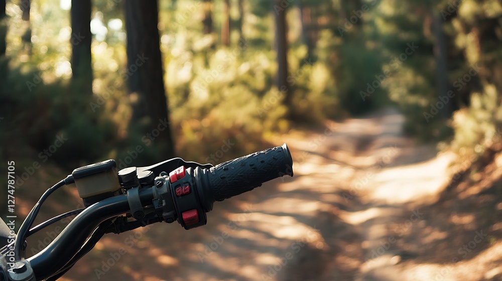 Mountain biking handlebar with focus on grip, dirt path surrounded by lush green trees under bright sunlight creating a serene outdoor atmosphere Mountain biking handlebar with focus on grip, dirt path surrounded by lush green trees under bright sunlight creating a serene outdoor atmosphere