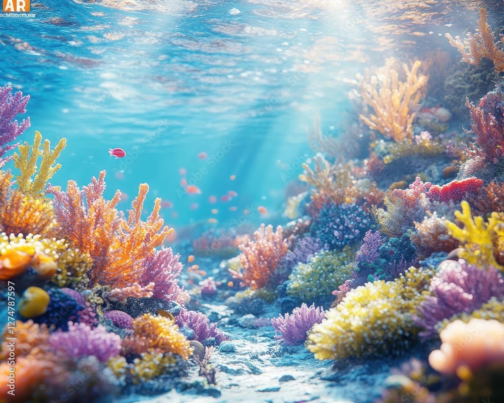 Naklejka premium Coral reef in clear water with glowing AR marine life details, vibrant underwater scene, soft blue tones, photorealistic