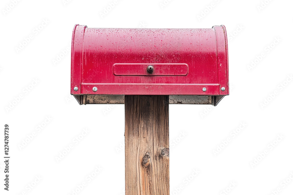 A vibrant red mailbox standing tall on a wooden post, glistening in the soft rain under a cloudy sky isolated on transparent background A vibrant red mailbox standing tall on a wooden post, glistening in the soft rain under a cloudy sky isolated on transparent background