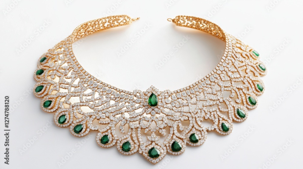 An emerald-encrusted gold necklace displayed on a pure white background An emerald-encrusted gold necklace displayed on a pure white background